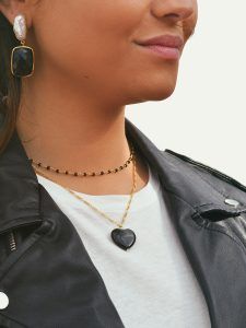 Collar corazón onix negro cadena plata oro