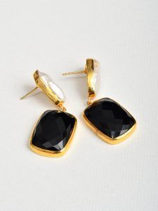Pendientes cuarzo negro y perla plata